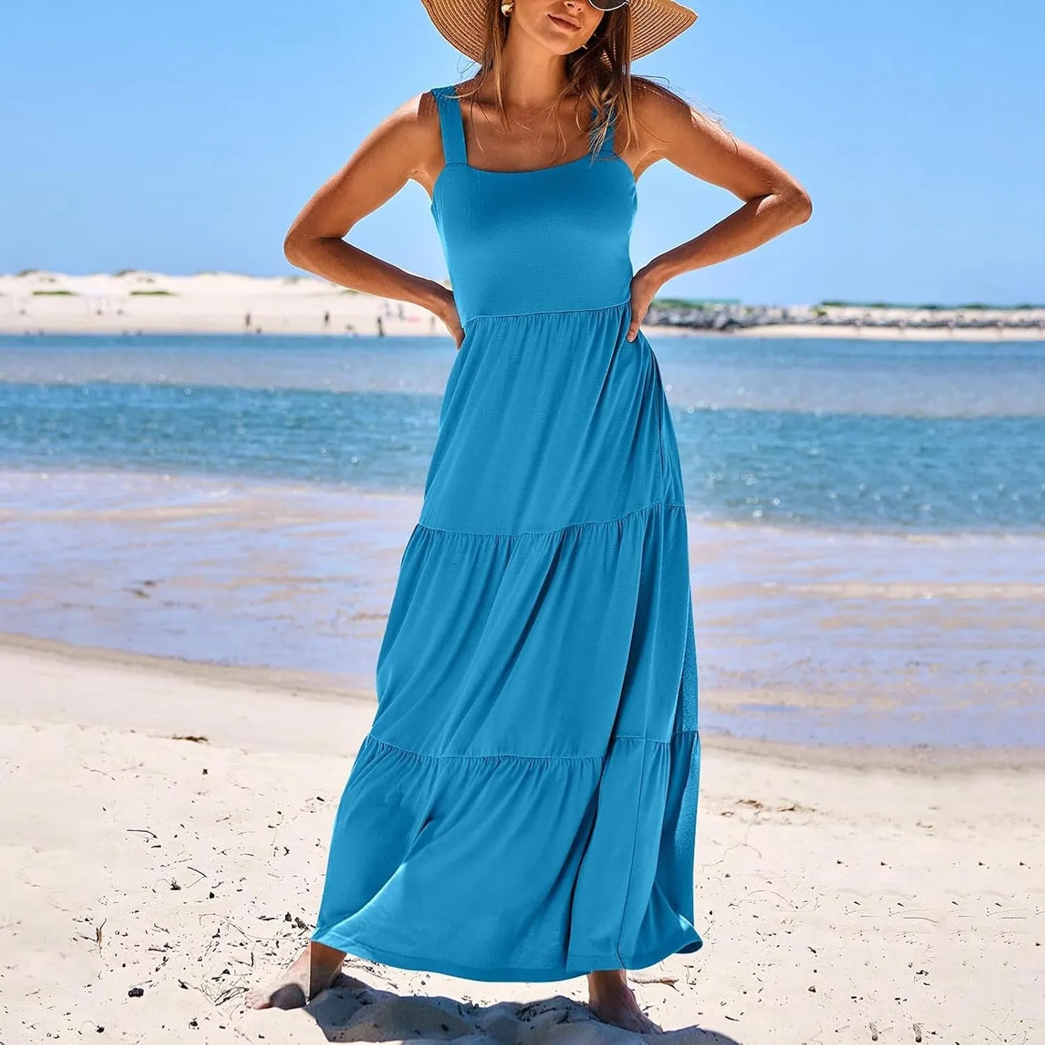 Women's Summer Dresses Halter Neck Sleeveless Smocked Backless Floral Flowy Tiered A Line Boho Beach Maxi Dress