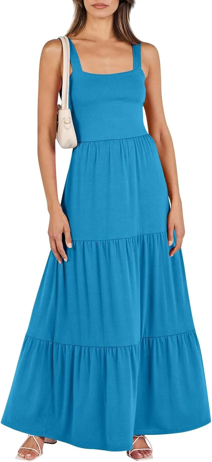 Women's Summer Dresses Halter Neck Sleeveless Smocked Backless Floral Flowy Tiered A Line Boho Beach Maxi Dress