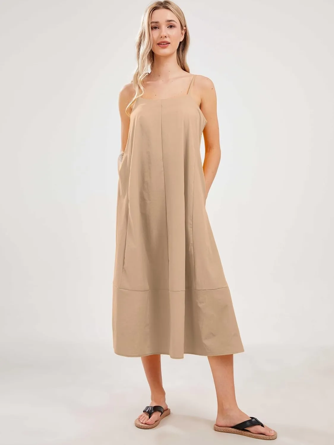 Womens Summer Dresses Sleeveless Spaghetti Strap Lounge Dress Flowy A-Line Midi Dress