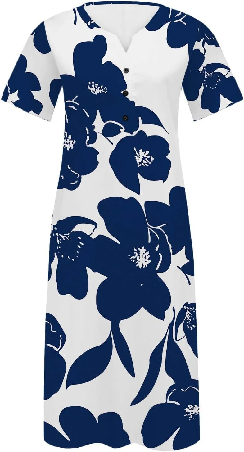 Womens Summer Dresses V Neck Floral Printed Midi Dress Casual Short Sleeve Dresses Trendy Flowy Vacation Sundresses