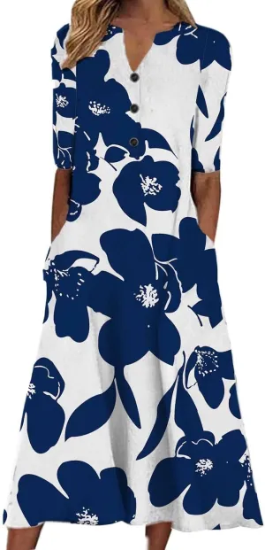 Womens Summer Dresses V Neck Floral Printed Midi Dress Casual Short Sleeve Dresses Trendy Flowy Vacation Sundresses