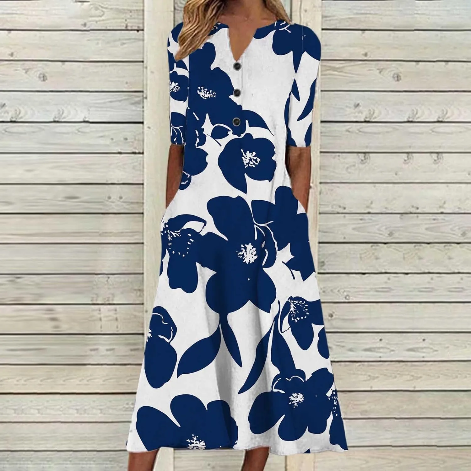 Womens Summer Dresses V Neck Floral Printed Midi Dress Casual Short Sleeve Dresses Trendy Flowy Vacation Sundresses