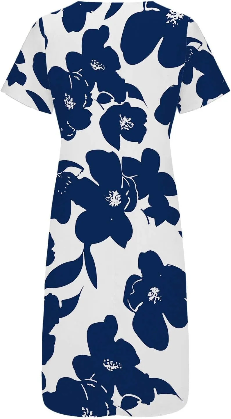 Womens Summer Dresses V Neck Floral Printed Midi Dress Casual Short Sleeve Dresses Trendy Flowy Vacation Sundresses