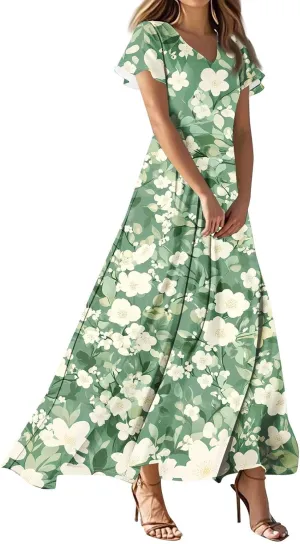 Women's Summer Floral Boho Dress Ruffle Sleeve V Neck Flowy Casual Loose Wedding Guest Long Maxi Ruffle Dresses