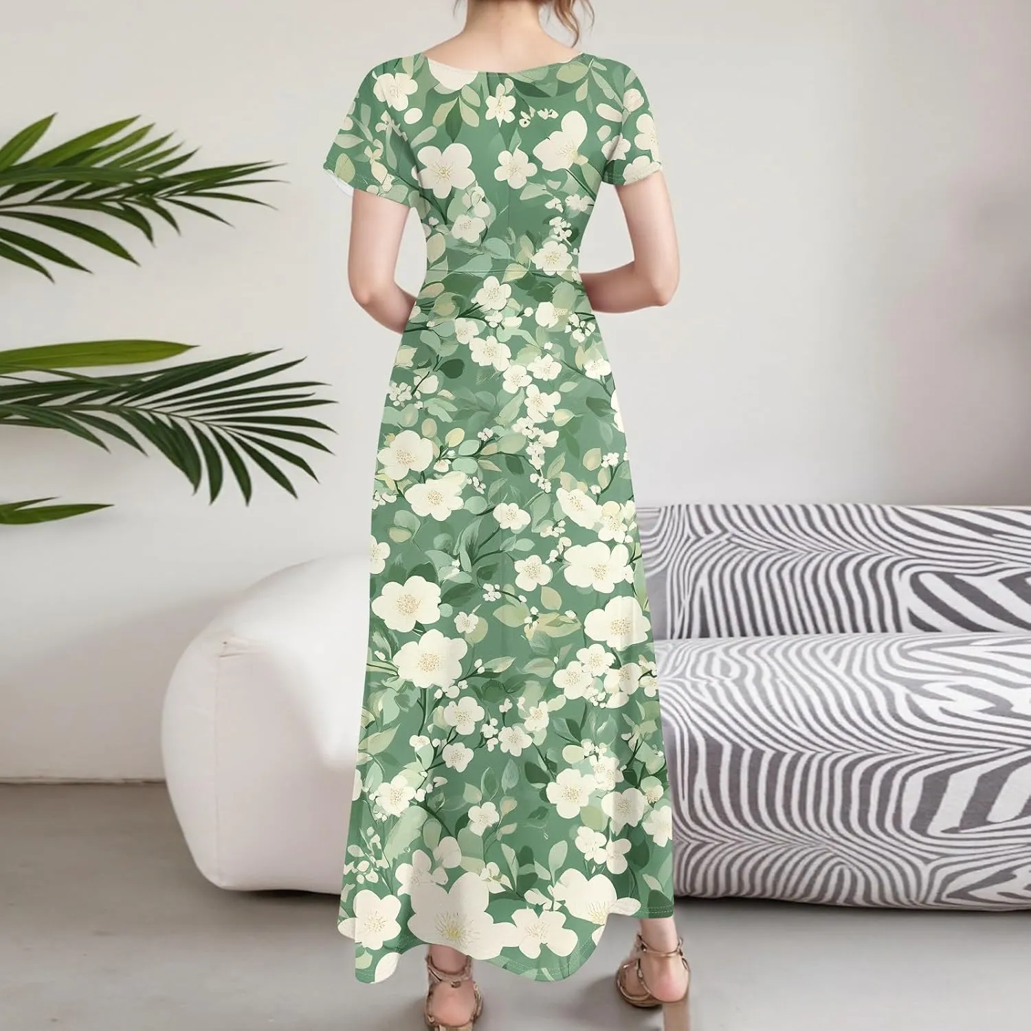 Women's Summer Floral Boho Dress Ruffle Sleeve V Neck Flowy Casual Loose Wedding Guest Long Maxi Ruffle Dresses