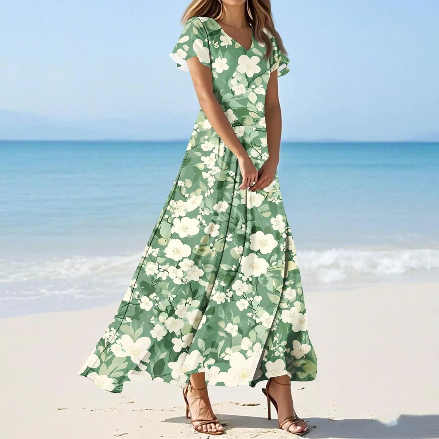 Women's Summer Floral Boho Dress Ruffle Sleeve V Neck Flowy Casual Loose Wedding Guest Long Maxi Ruffle Dresses