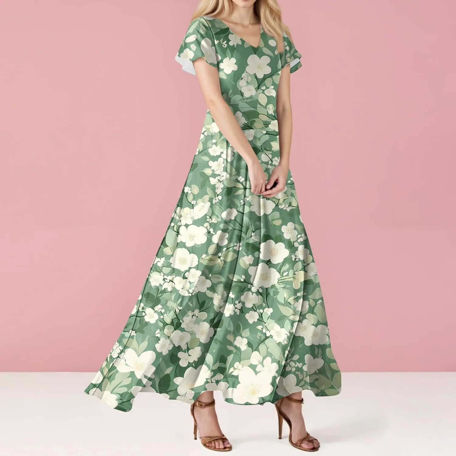 Women's Summer Floral Boho Dress Ruffle Sleeve V Neck Flowy Casual Loose Wedding Guest Long Maxi Ruffle Dresses