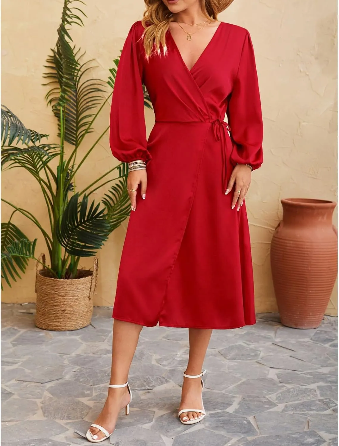 Women's Summer Maxi Dress Casual Boho Floral Wrap V Neck Short Sleeve Ruffle Hem Split Beach Long Dresses with Belt