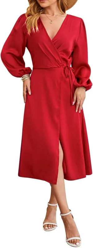 Women's Summer Maxi Dress Casual Boho Floral Wrap V Neck Short Sleeve Ruffle Hem Split Beach Long Dresses with Belt