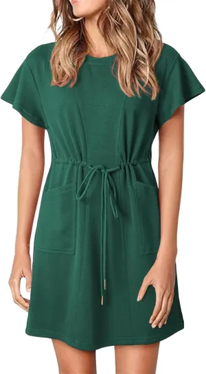 Womens Summer Mini Dress Casual Round Neck Ruffle Short Sleeve Dresses Trendy Drawstring Tunic Sundress with Pockets