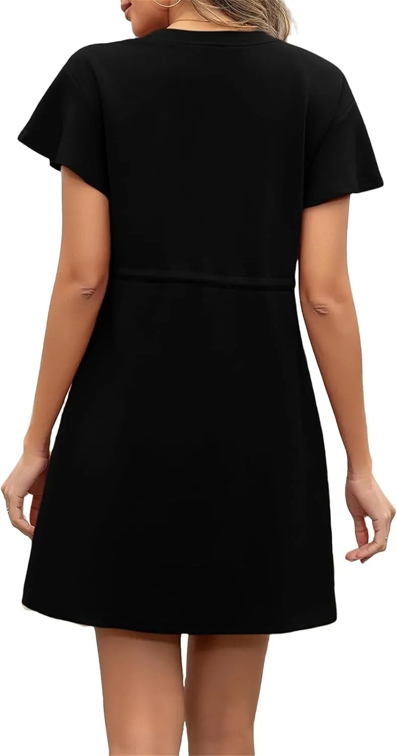 Womens Summer Mini Dress Casual Round Neck Ruffle Short Sleeve Dresses Trendy Drawstring Tunic Sundress with Pockets