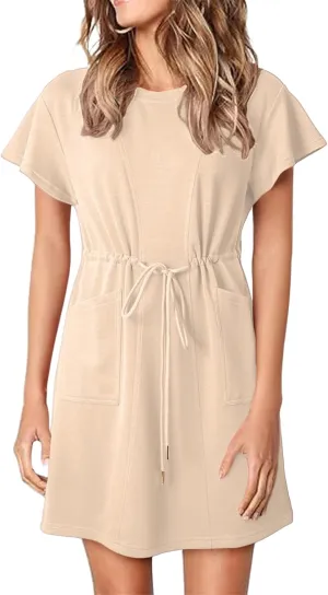 Womens Summer Mini Dress Casual Round Neck Ruffle Short Sleeve Dresses Trendy Drawstring Tunic Sundress with Pockets