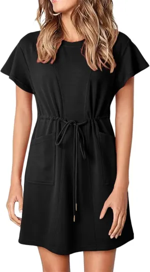 Womens Summer Mini Dress Casual Round Neck Ruffle Short Sleeve Dresses Trendy Drawstring Tunic Sundress with Pockets