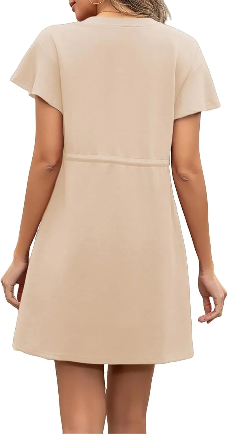 Womens Summer Mini Dress Casual Round Neck Ruffle Short Sleeve Dresses Trendy Drawstring Tunic Sundress with Pockets