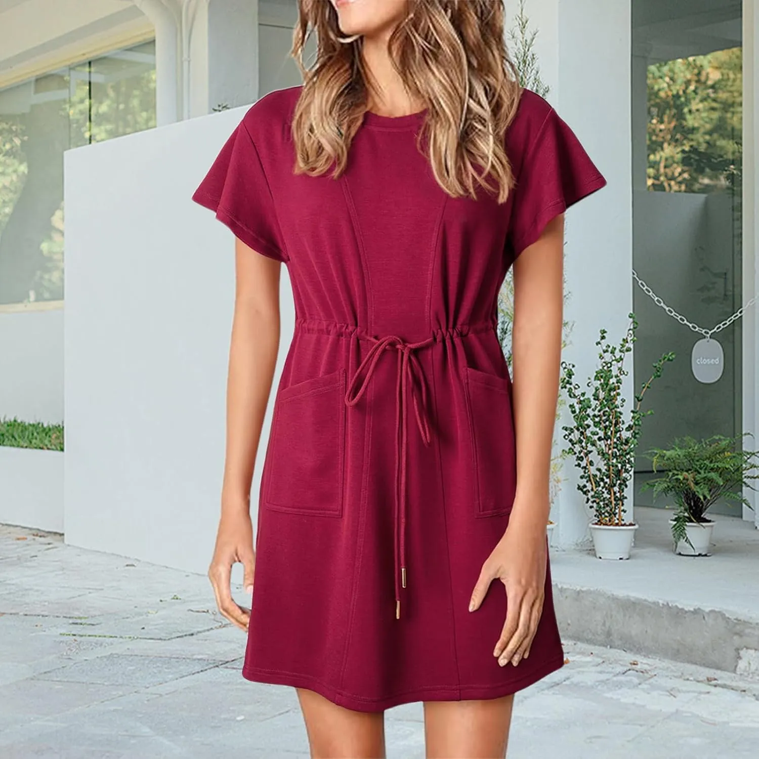 Womens Summer Mini Dress Casual Round Neck Ruffle Short Sleeve Dresses Trendy Drawstring Tunic Sundress with Pockets
