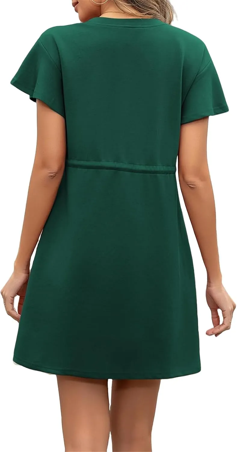 Womens Summer Mini Dress Casual Round Neck Ruffle Short Sleeve Dresses Trendy Drawstring Tunic Sundress with Pockets