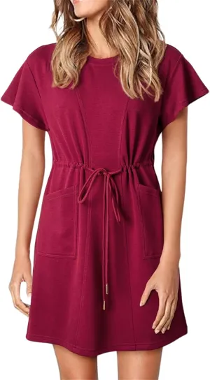 Womens Summer Mini Dress Casual Round Neck Ruffle Short Sleeve Dresses Trendy Drawstring Tunic Sundress with Pockets