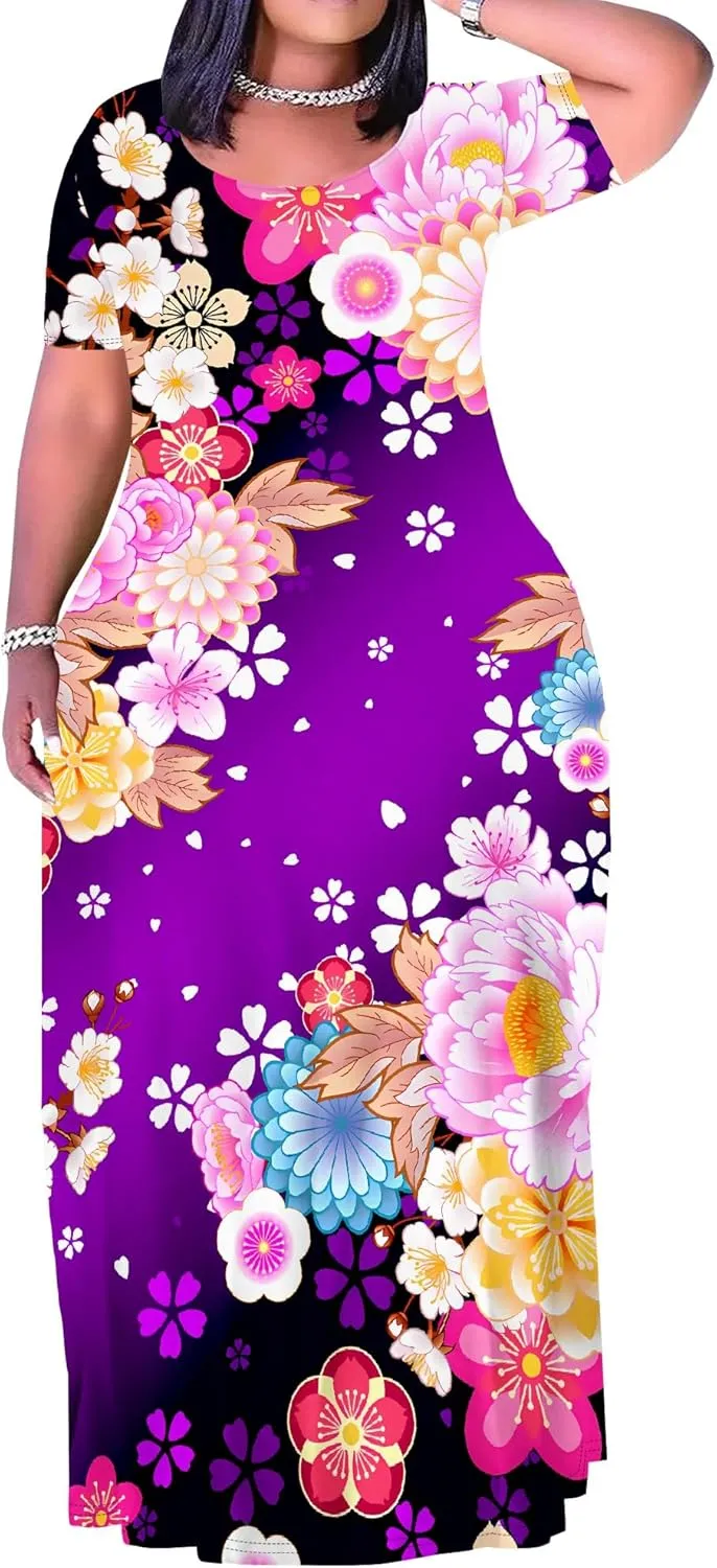 Women's Summer Oversized Maxi Dresses Casual Floral Short Sleeve Dresses Holiday Trend Beach Sundresses
