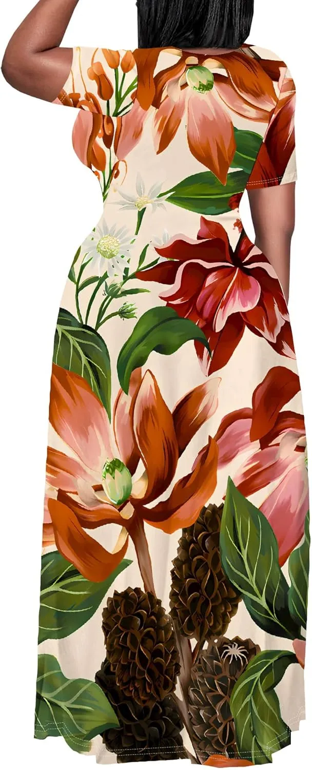 Women's Summer Oversized Maxi Dresses Casual Floral Short Sleeve Dresses Holiday Trend Beach Sundresses
