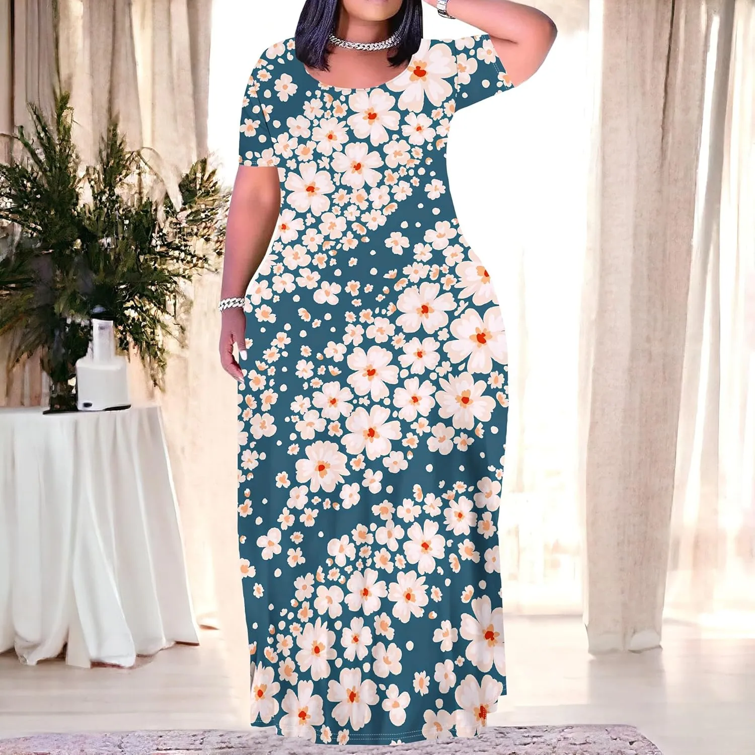 Women's Summer Oversized Maxi Dresses Casual Floral Short Sleeve Dresses Holiday Trend Beach Sundresses