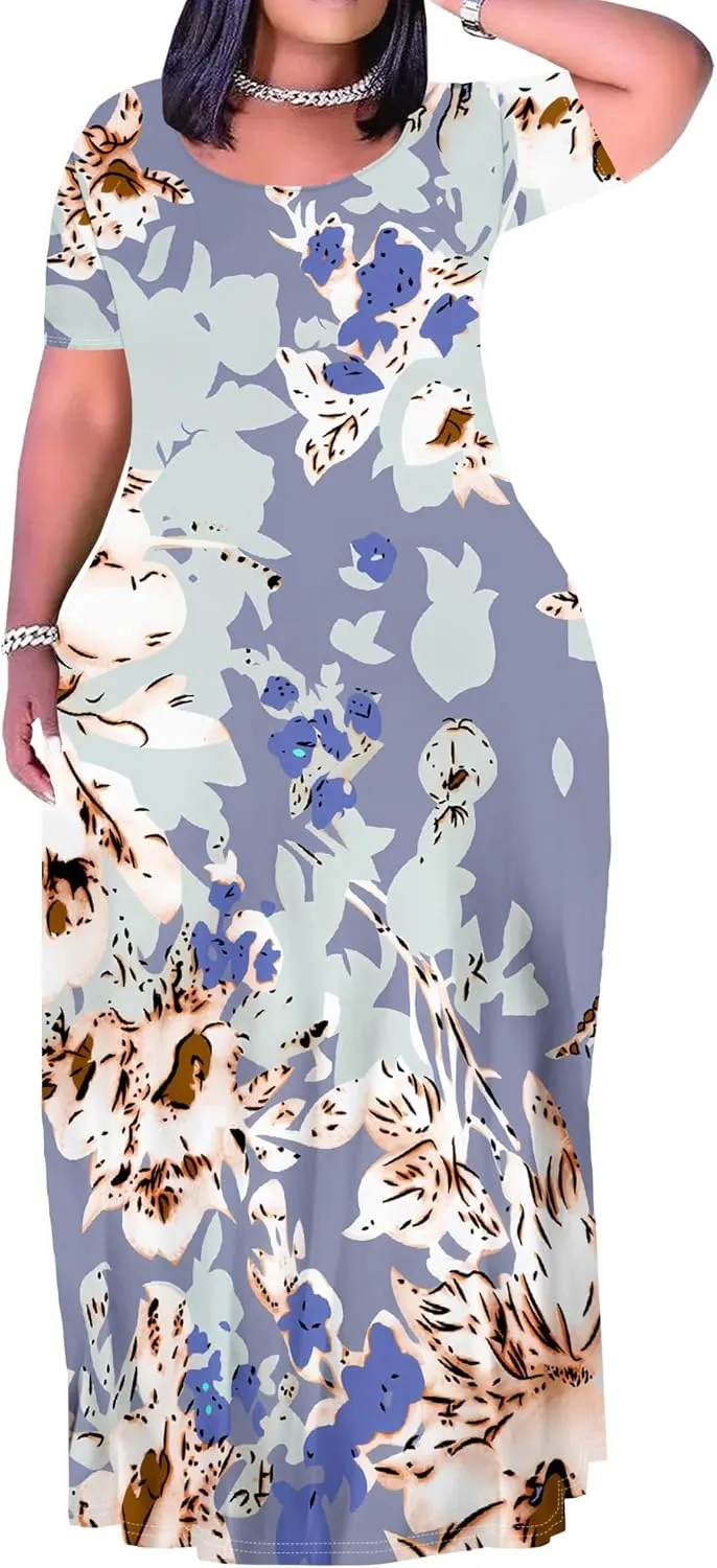 Women's Summer Oversized Maxi Dresses Casual Floral Short Sleeve Dresses Holiday Trend Beach Sundresses