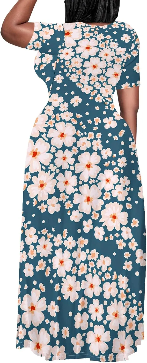 Women's Summer Oversized Maxi Dresses Casual Floral Short Sleeve Dresses Holiday Trend Beach Sundresses