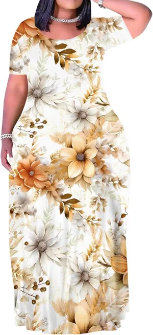 Women's Summer Oversized Maxi Dresses Casual Floral Short Sleeve Dresses Holiday Trend Beach Sundresses