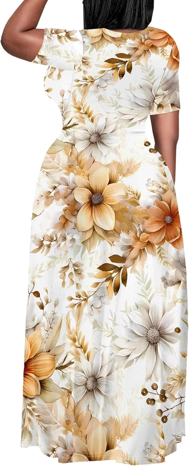 Women's Summer Oversized Maxi Dresses Casual Floral Short Sleeve Dresses Holiday Trend Beach Sundresses