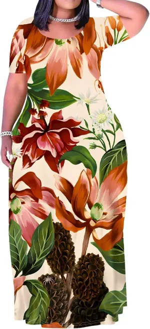 Women's Summer Oversized Maxi Dresses Casual Floral Short Sleeve Dresses Holiday Trend Beach Sundresses
