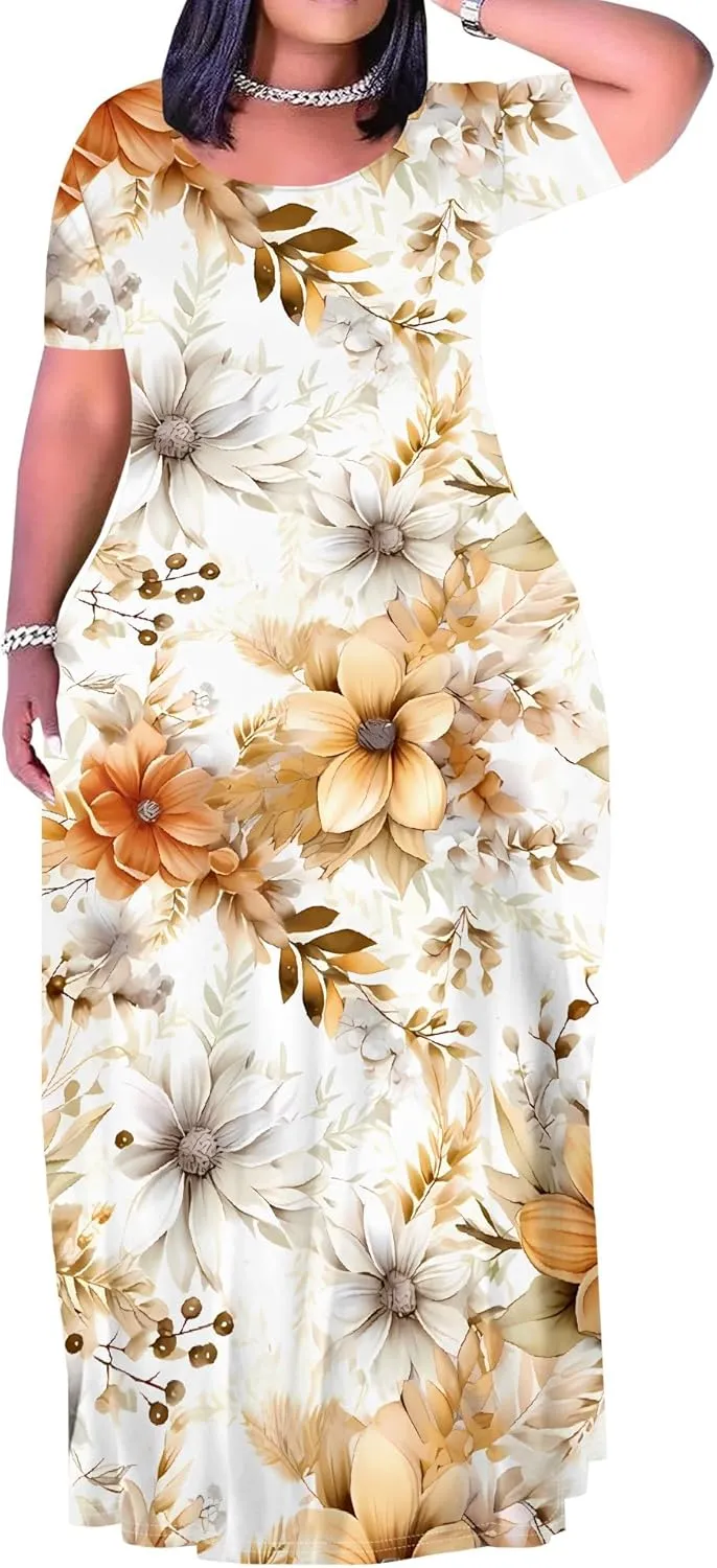 Women's Summer Oversized Maxi Dresses Casual Floral Short Sleeve Dresses Holiday Trend Beach Sundresses