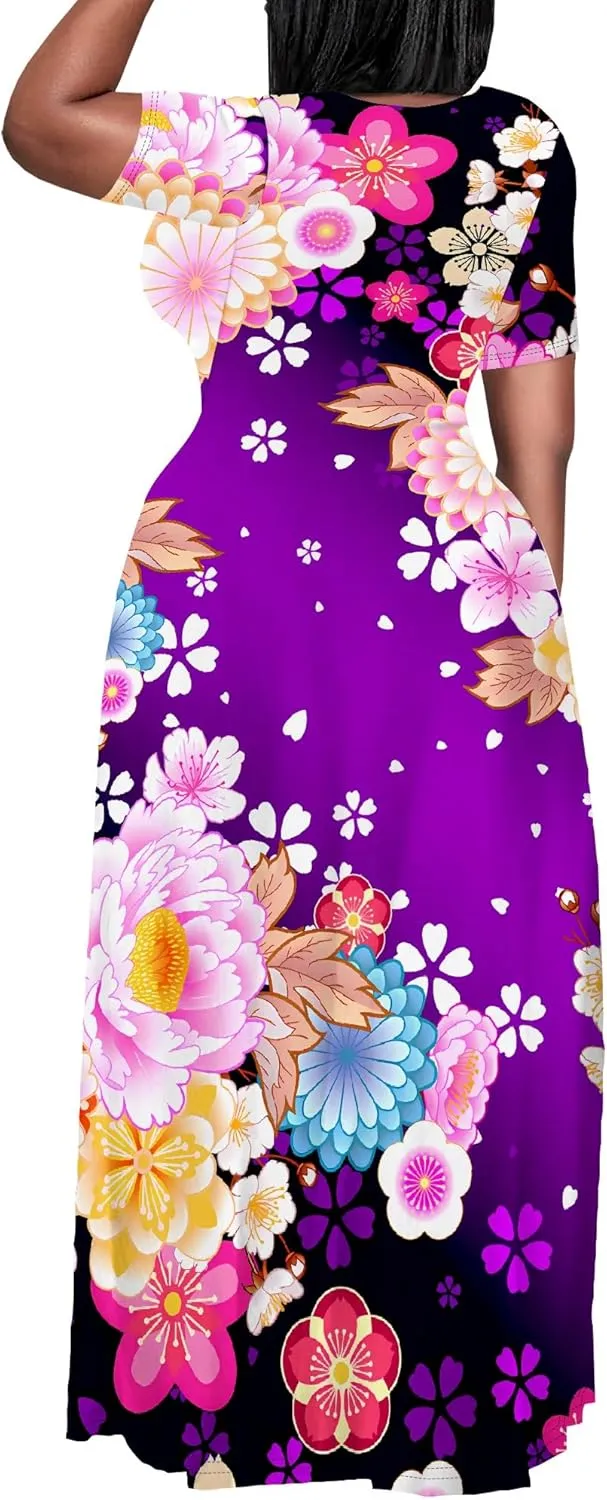 Women's Summer Oversized Maxi Dresses Casual Floral Short Sleeve Dresses Holiday Trend Beach Sundresses