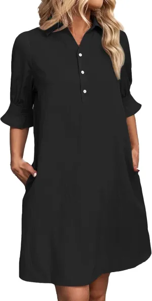 Womens Summer Shirt Dress Button Down Ruffle Sleeve Tshirt Dress Casual Trendy Loose Solid Shift Dresses with Pocket