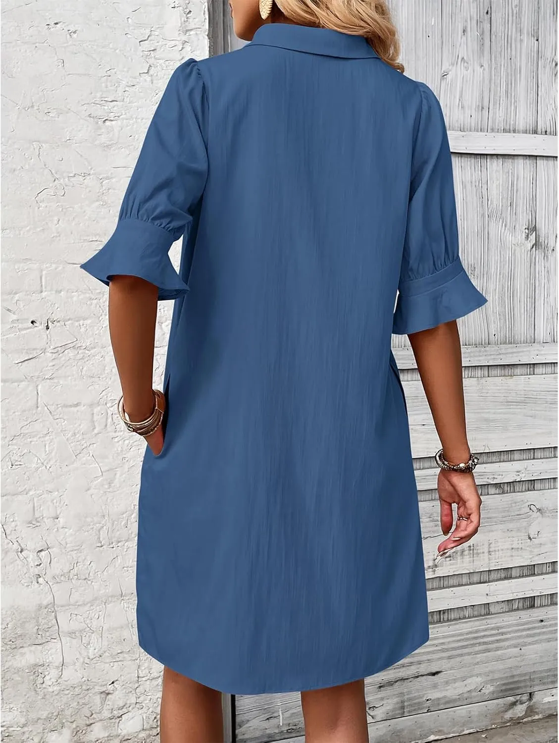Womens Summer Shirt Dress Button Down Ruffle Sleeve Tshirt Dress Casual Trendy Loose Solid Shift Dresses with Pocket