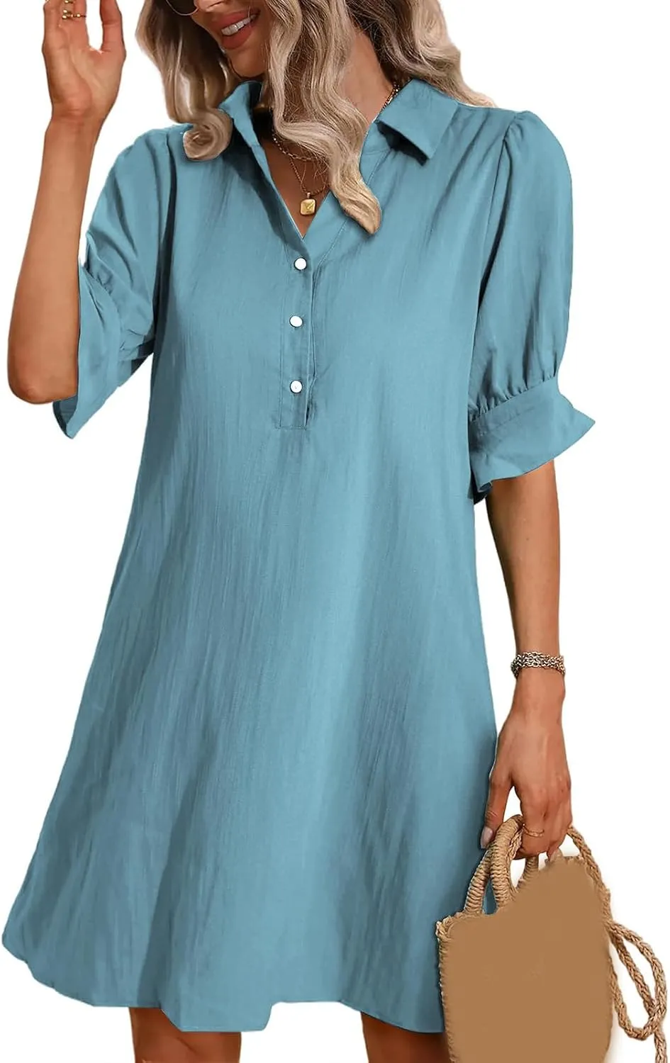 Womens Summer Shirt Dress Button Down Ruffle Sleeve Tshirt Dress Casual Trendy Loose Solid Shift Dresses with Pocket