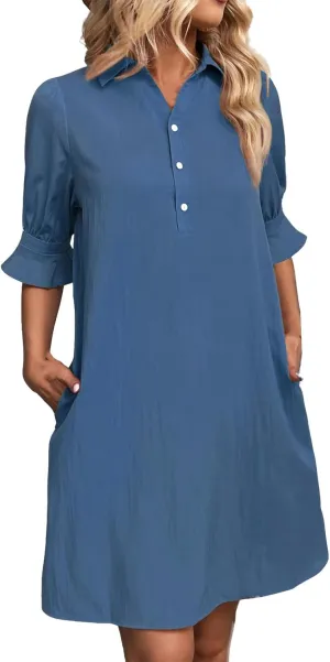 Womens Summer Shirt Dress Button Down Ruffle Sleeve Tshirt Dress Casual Trendy Loose Solid Shift Dresses with Pocket