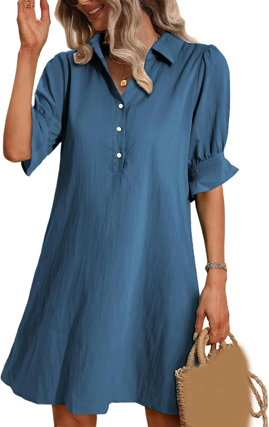 Womens Summer Shirt Dress Button Down Ruffle Sleeve Tshirt Dress Casual Trendy Loose Solid Shift Dresses with Pocket