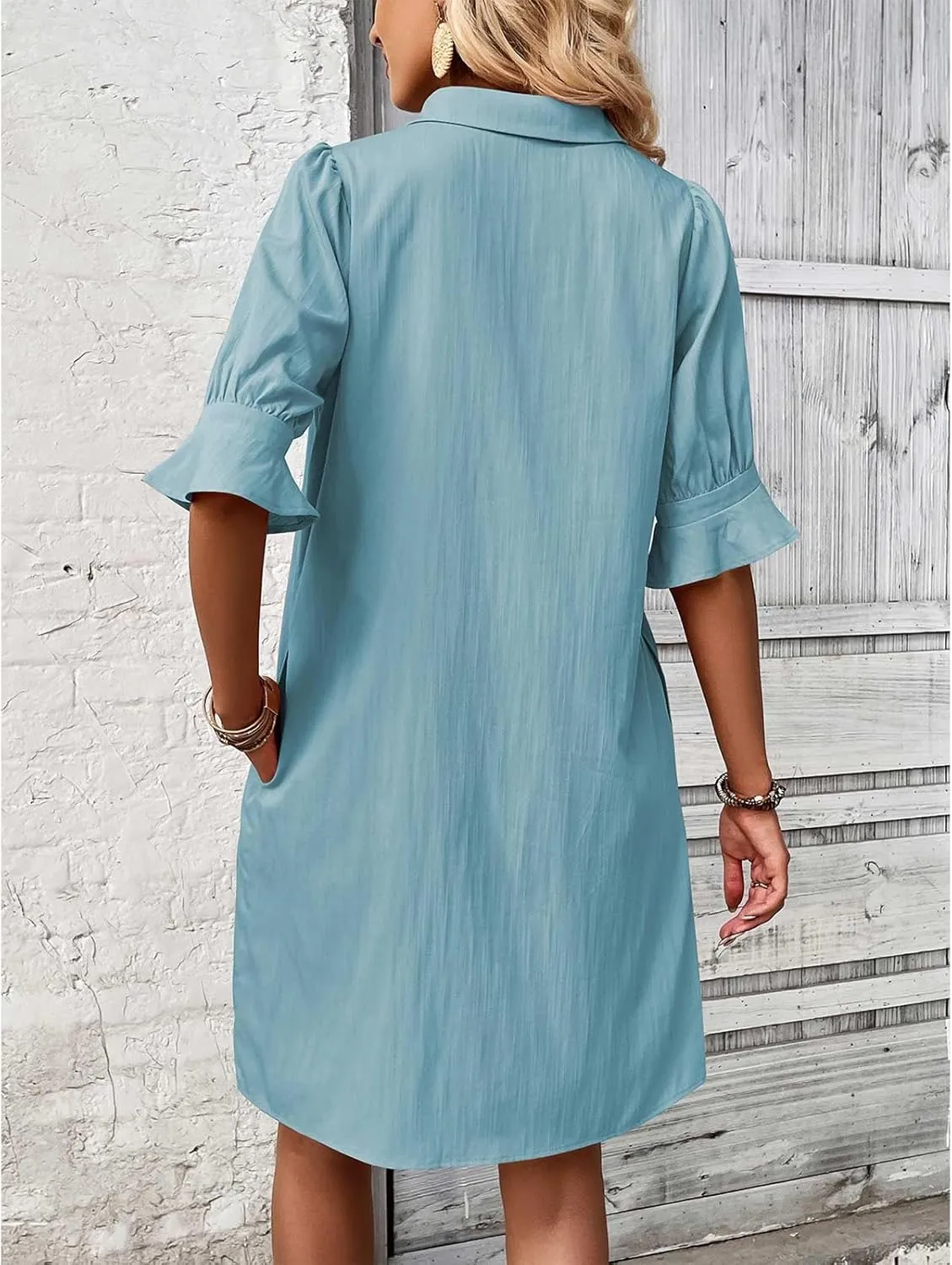 Womens Summer Shirt Dress Button Down Ruffle Sleeve Tshirt Dress Casual Trendy Loose Solid Shift Dresses with Pocket
