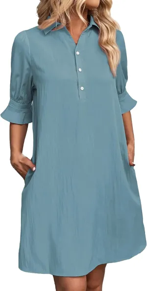 Womens Summer Shirt Dress Button Down Ruffle Sleeve Tshirt Dress Casual Trendy Loose Solid Shift Dresses with Pocket