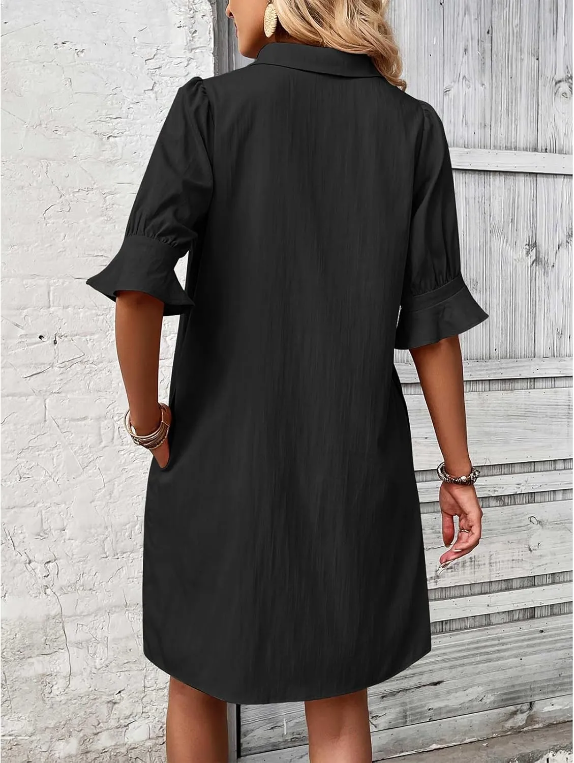 Womens Summer Shirt Dress Button Down Ruffle Sleeve Tshirt Dress Casual Trendy Loose Solid Shift Dresses with Pocket