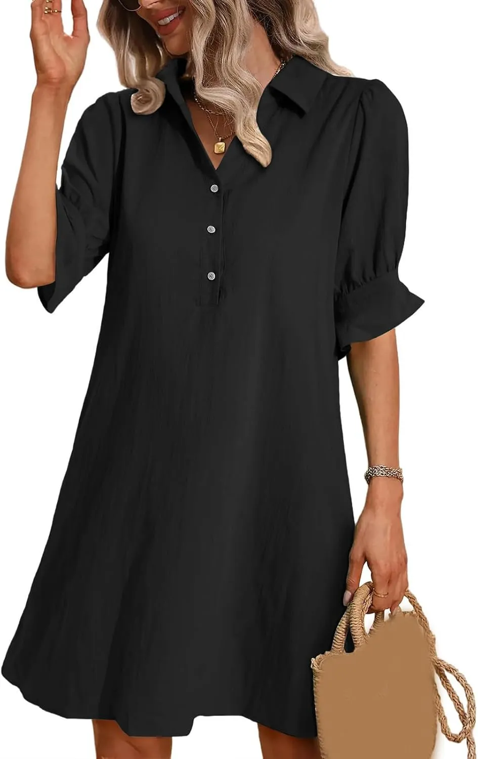 Womens Summer Shirt Dress Button Down Ruffle Sleeve Tshirt Dress Casual Trendy Loose Solid Shift Dresses with Pocket
