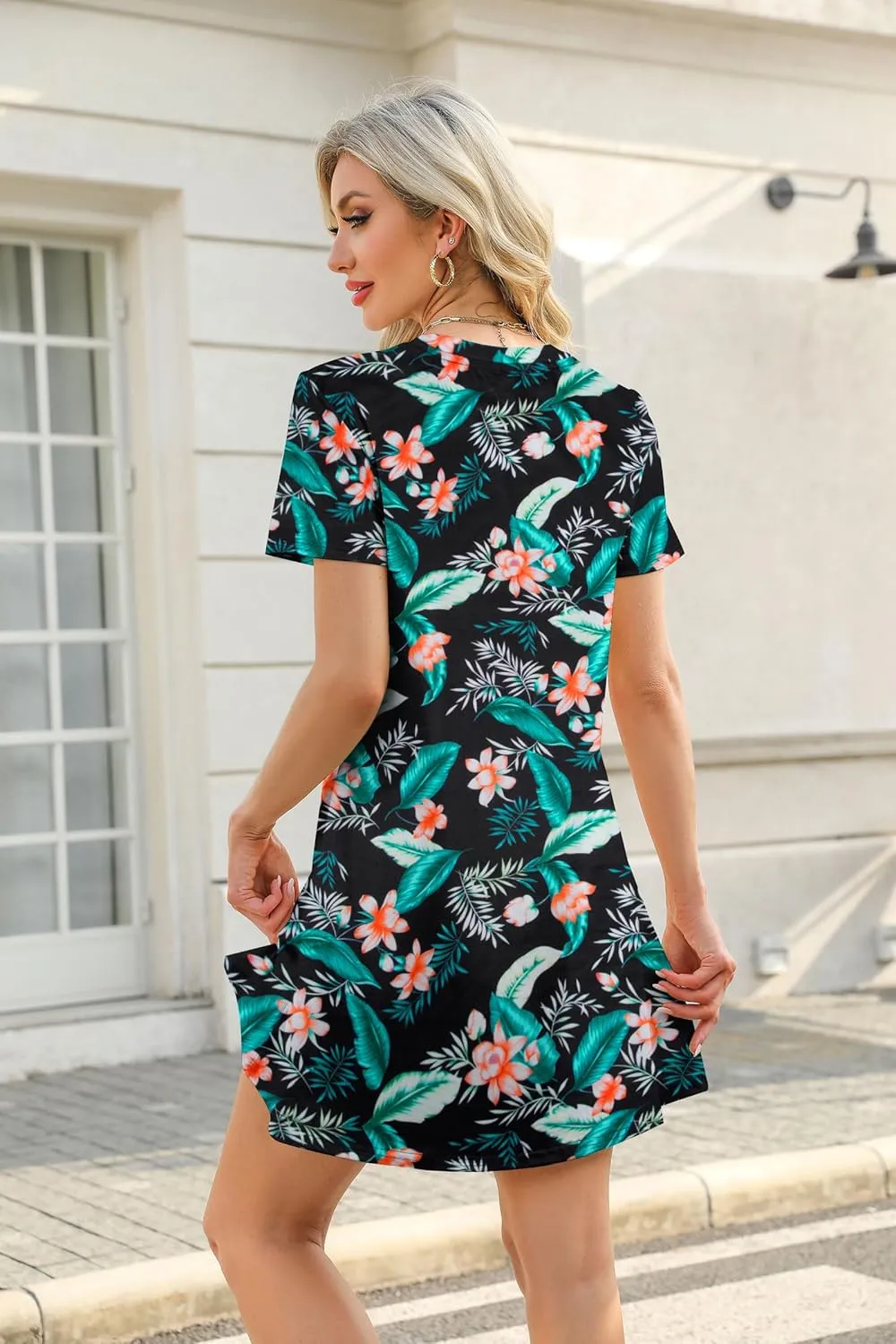Women's Summer Short Sleeve Dresses Beach Casual Hawaiian Dresses Flower Graphic Tropical Vacation Sundress Tops