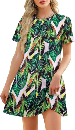 Women's Summer Short Sleeve Dresses Beach Casual Hawaiian Dresses Flower Graphic Tropical Vacation Sundress Tops