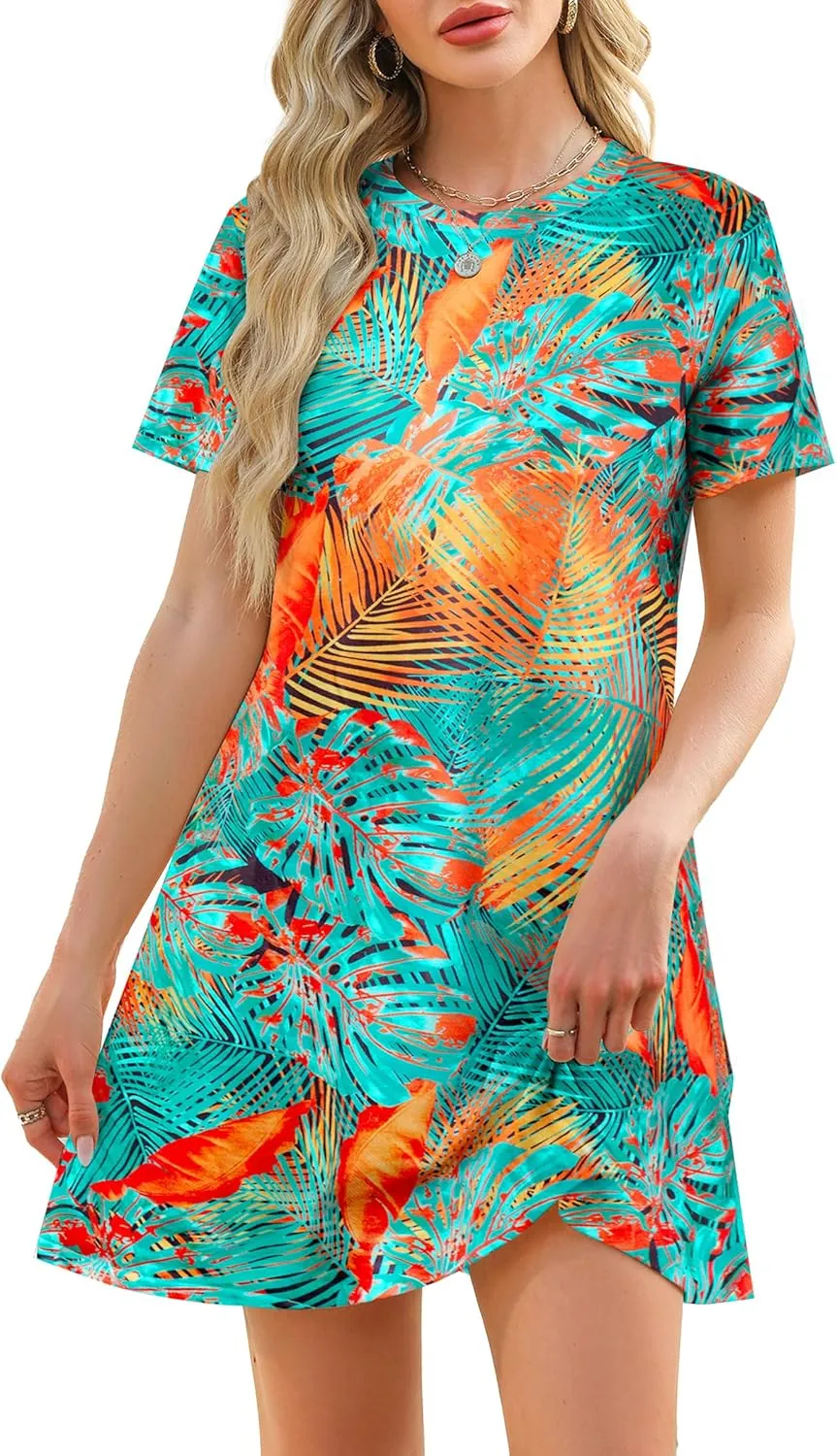 Women's Summer Short Sleeve Dresses Beach Casual Hawaiian Dresses Flower Graphic Tropical Vacation Sundress Tops