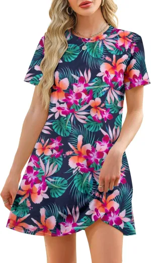 Women's Summer Short Sleeve Dresses Beach Casual Hawaiian Dresses Flower Graphic Tropical Vacation Sundress Tops