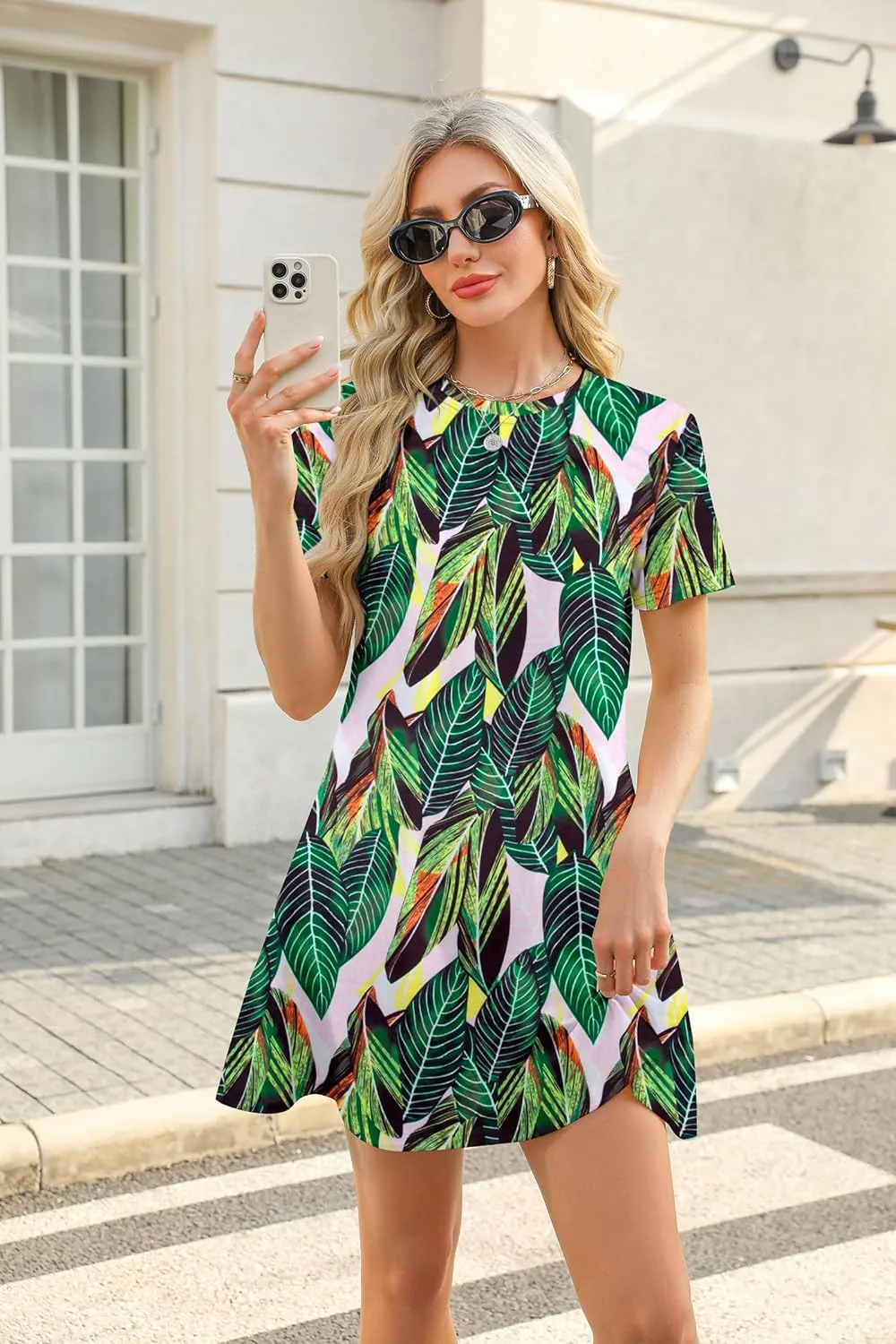 Women's Summer Short Sleeve Dresses Beach Casual Hawaiian Dresses Flower Graphic Tropical Vacation Sundress Tops