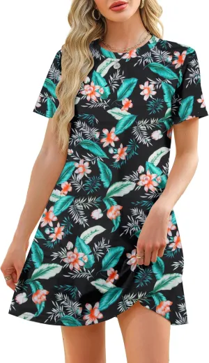 Women's Summer Short Sleeve Dresses Beach Casual Hawaiian Dresses Flower Graphic Tropical Vacation Sundress Tops