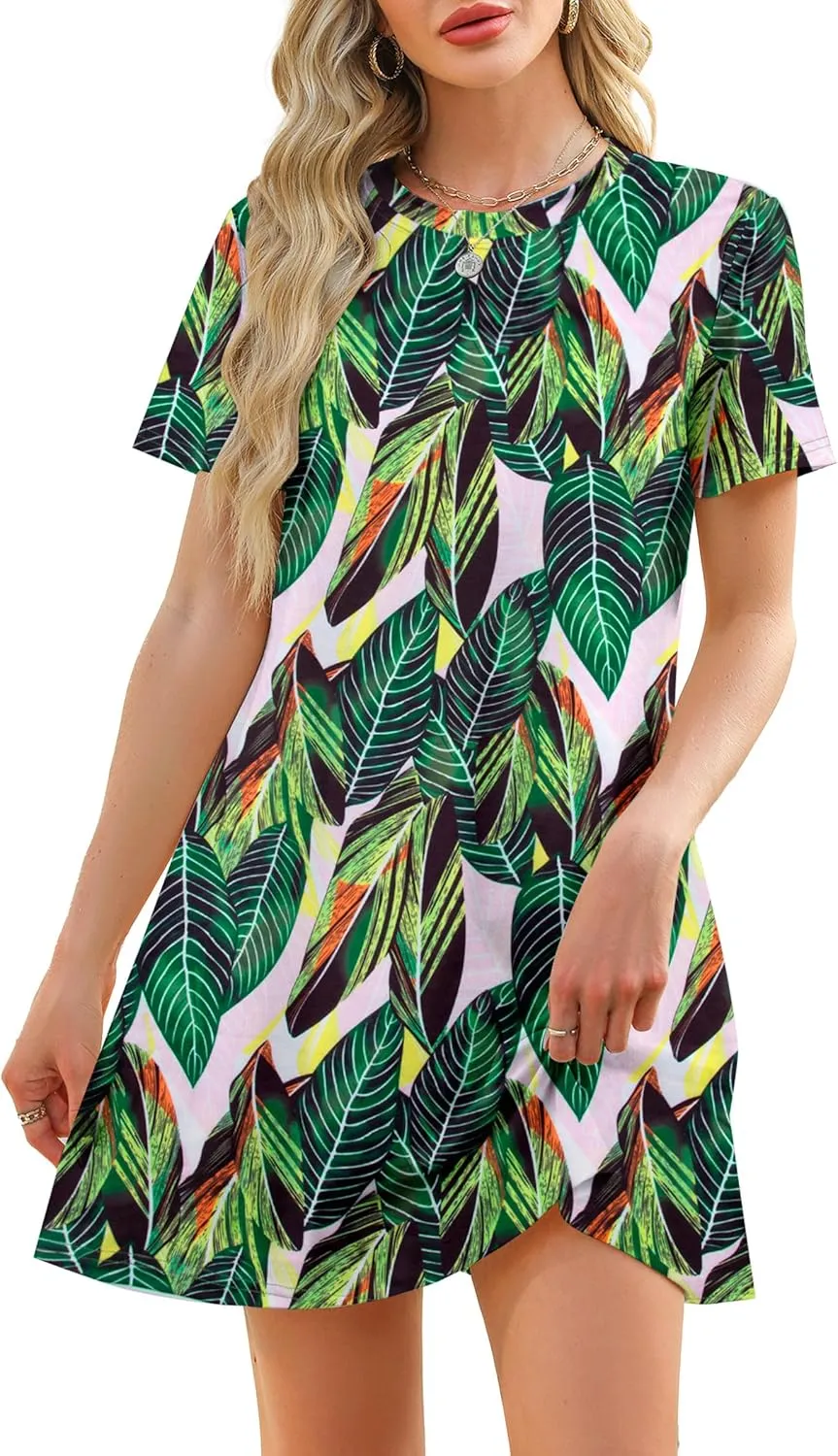 Women's Summer Short Sleeve Dresses Beach Casual Hawaiian Dresses Flower Graphic Tropical Vacation Sundress Tops