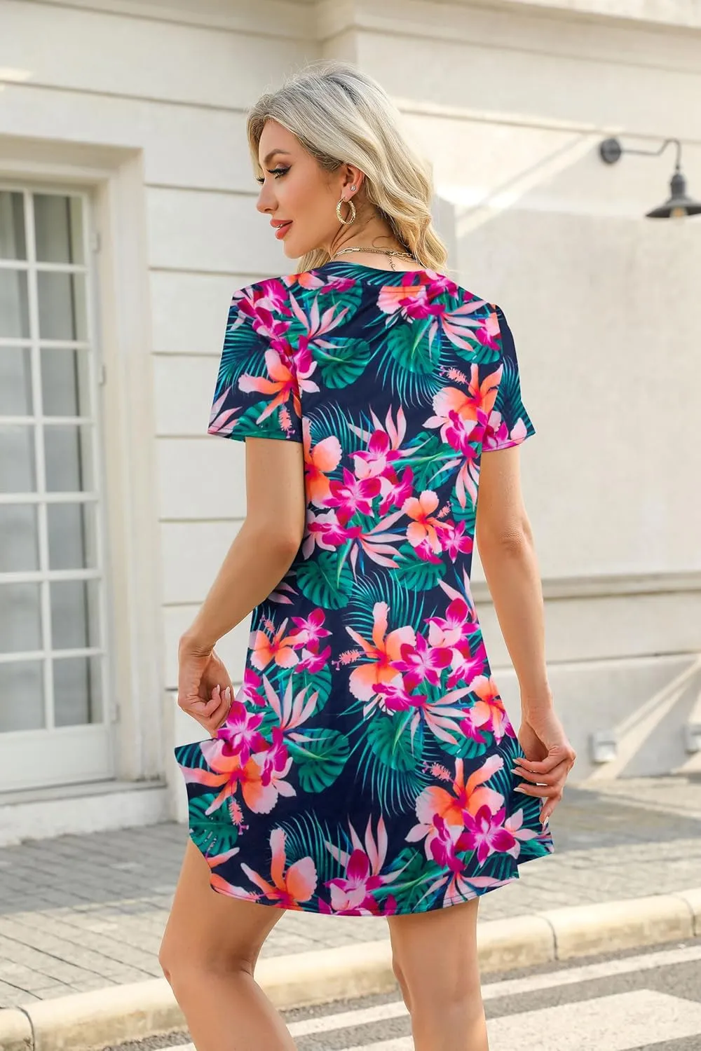 Women's Summer Short Sleeve Dresses Beach Casual Hawaiian Dresses Flower Graphic Tropical Vacation Sundress Tops