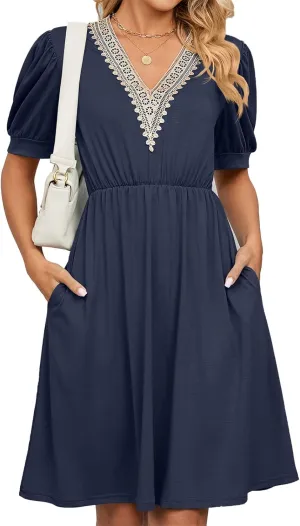 Womens Summer Short Sleeve Dresses Beach Loose Casual Aline Dress V Neck Empire Waist Sundress