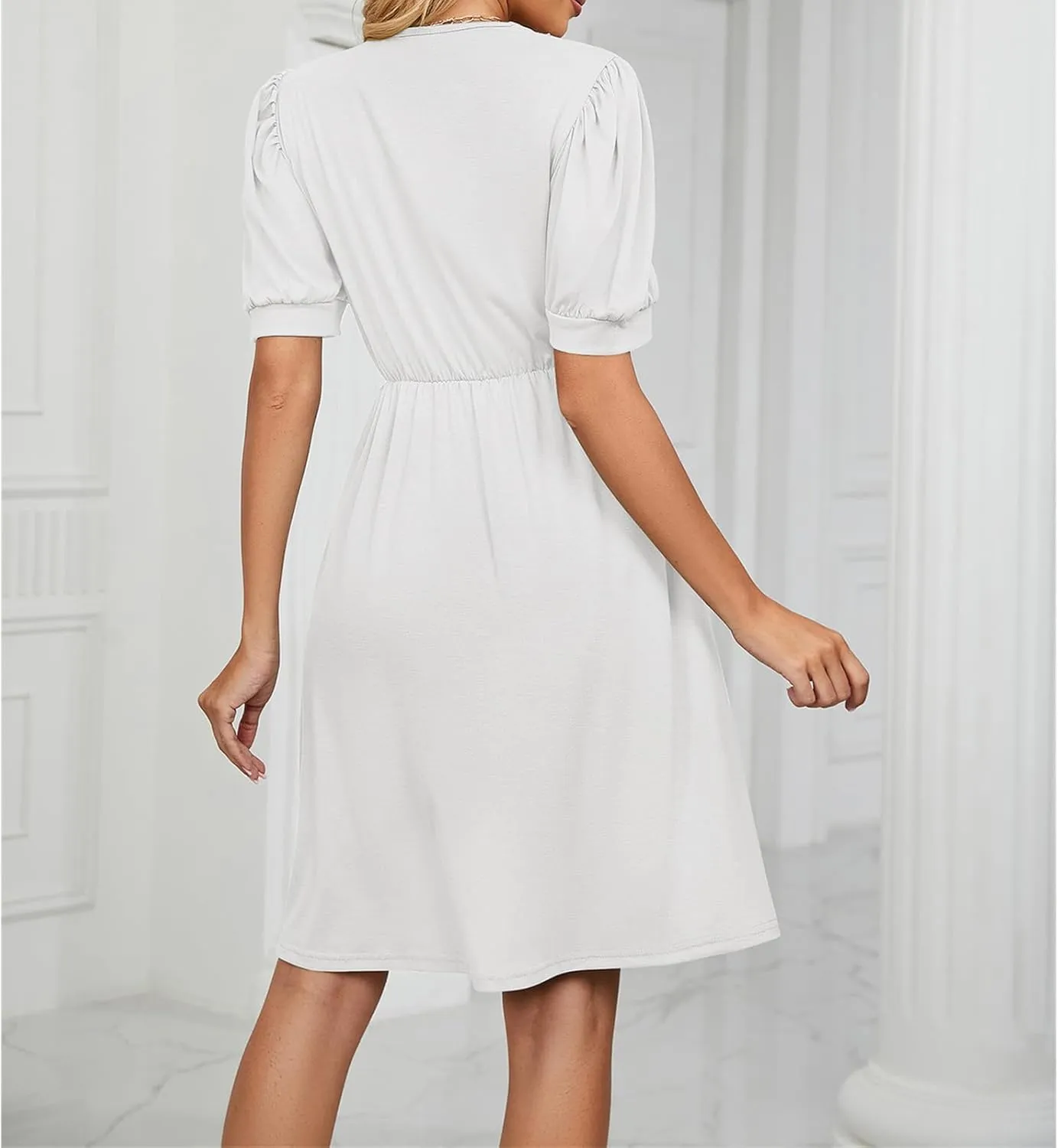 Womens Summer Short Sleeve Dresses Beach Loose Casual Aline Dress V Neck Empire Waist Sundress